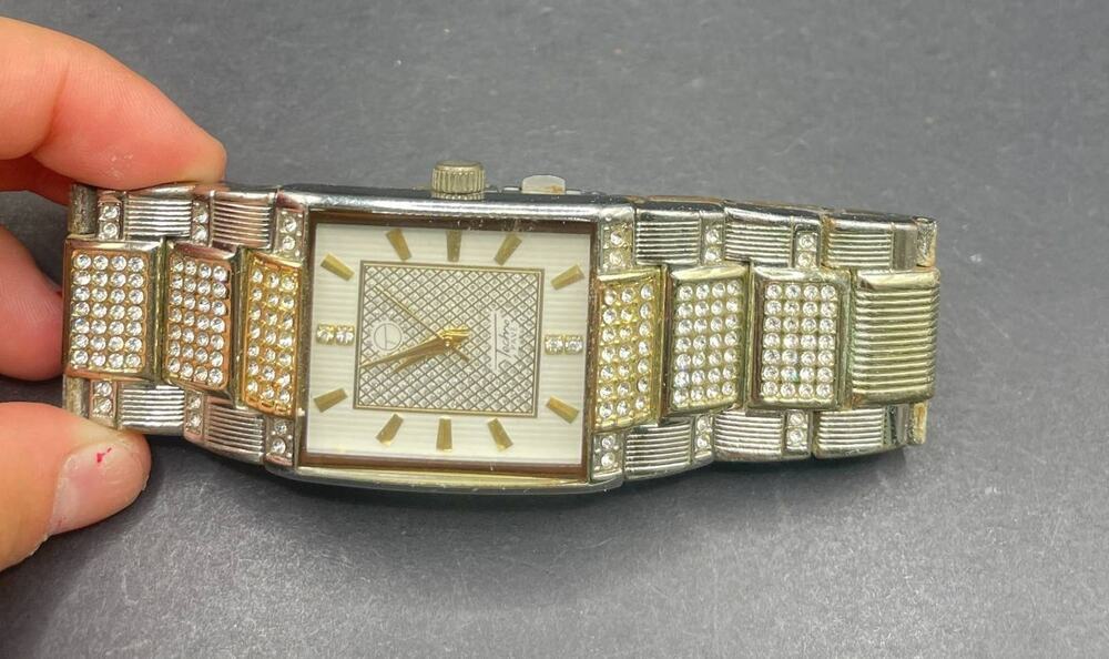 Techno Pave Mens Wristwatch Rectangular Two Tone Gold Silver Crystal Iced Out